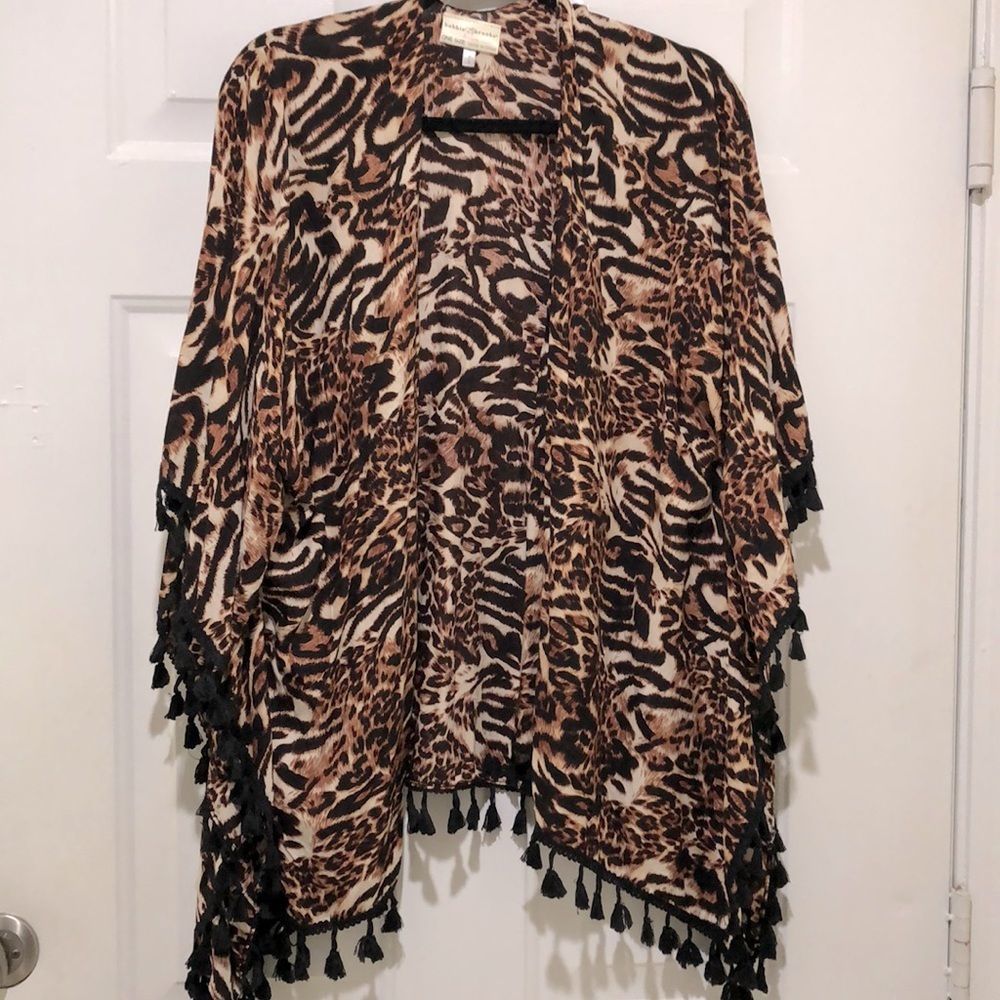 Ladies Leopard Print Fringe Open Front Wrap - image 1